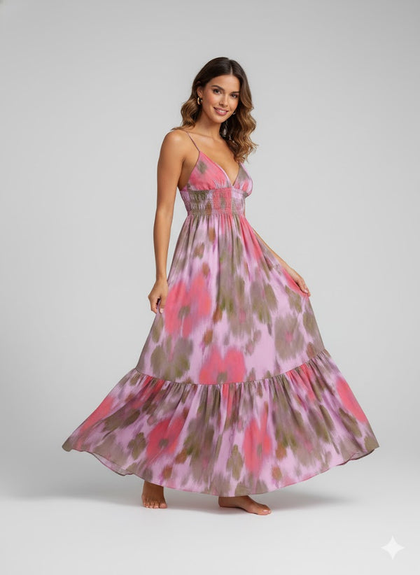 Vestido Midi com Decote em v e Alças Finas