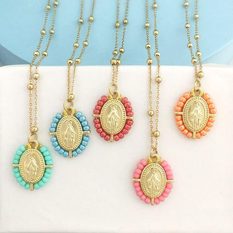 QMHJE Virgin Mary Pendant Charm Necklace Women Cross Choker Seed Beads Stainless Steel Chain Gold Color Boho White Black Pink - bossabella