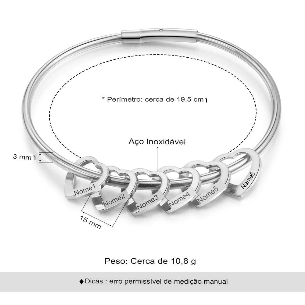 Pulseira Bracelete de Aço com Corações Personalizados